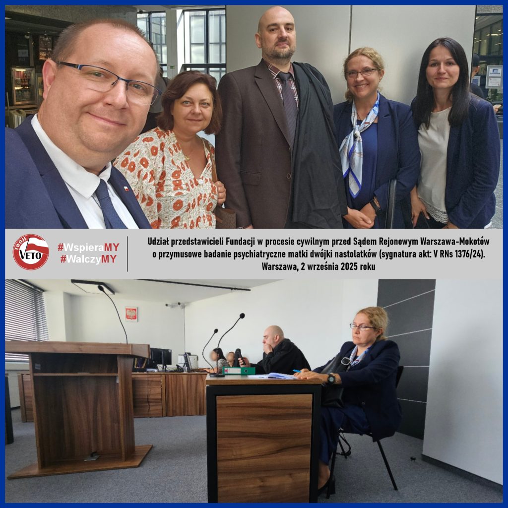 We wtorek, 2 września o godzinie 11:30 w procesie cywilnym przed Sądem Rejonowym Warszawa-Mokotów rozpoczął się przewód o przymusowe badanie psychiatryczne matki dwójki nastolatków na wniosek ojca - główne zarzuty pod adresem matki, to rzekome niebezpieczeństwo dzieci argumentowane między innymi tym, że dzieci nie grają w gry wideo i tylko czytają Sienkiewicza oraz Biblię (sygnatura akt: V RNs 1376/24).