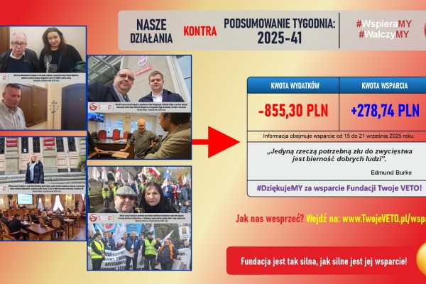 Podsumowanie działań Fundacji oraz rozliczenie wsparcia za 41 tydzień 2025 roku. Sprawozdanie i rozliczenie działań Fundacji z 41 tygodnia (od 6 do 12 października 2025 roku) - w sumie za cztery działania.
