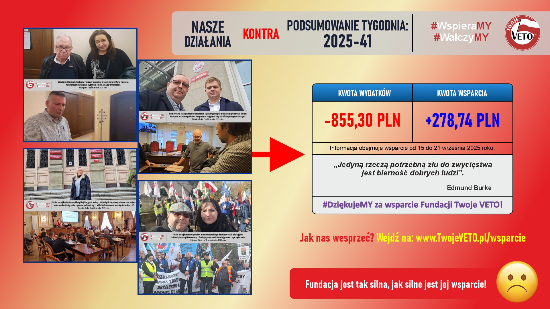 Sprawozdanie i rozliczenie działań Fundacji z 41 tygodnia (od 6 do 12 października 2025 roku) - w sumie za cztery działania.