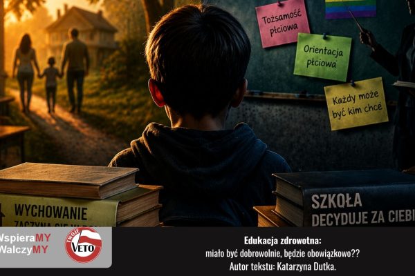 Grafika ilustracyjna do artykułu o edukacji zdrowotnej, sporze rodziców ze szkołą i granicach wychowania.