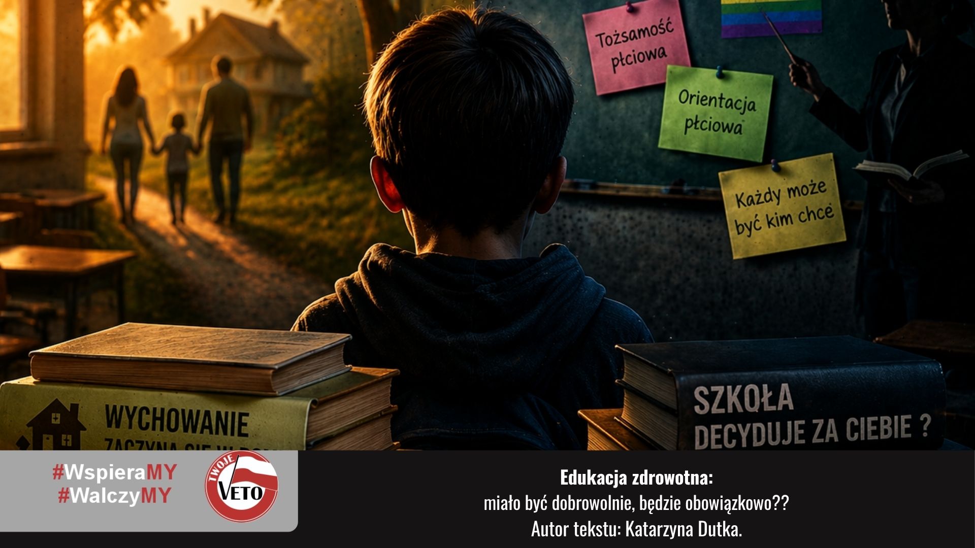 Grafika ilustracyjna do artykułu o edukacji zdrowotnej, sporze rodziców ze szkołą i granicach wychowania.